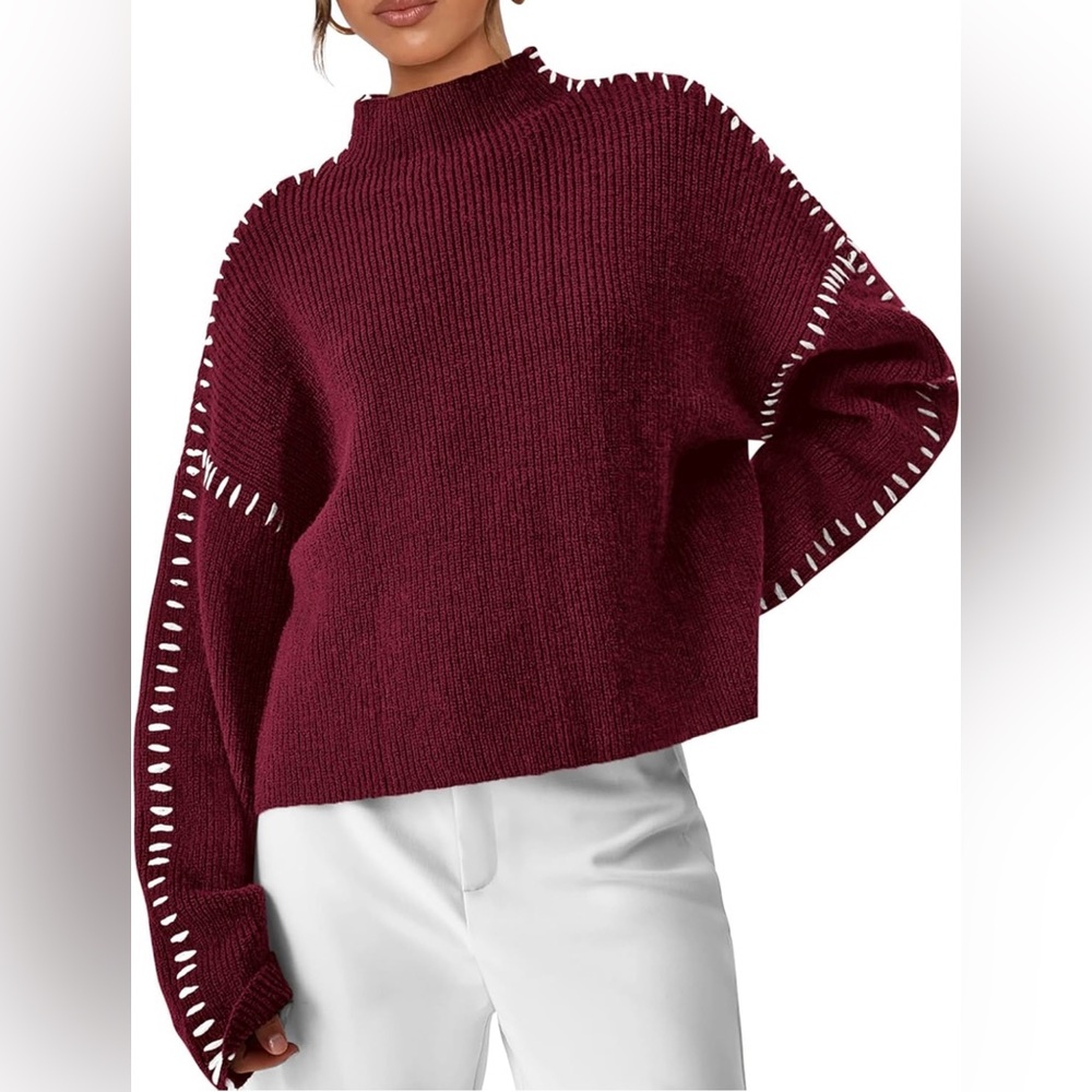 Women's Mock Neck Stitch Burgundy Sweater